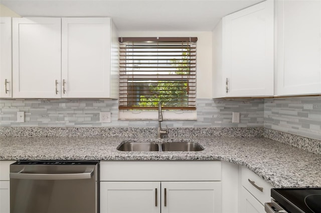 2513 Avenue B Ave B, Unit B, Bradenton Beach, FL 34217 - kitchen featuring dishwasher, white cabinetry, decorative backsplash, and light stone counters