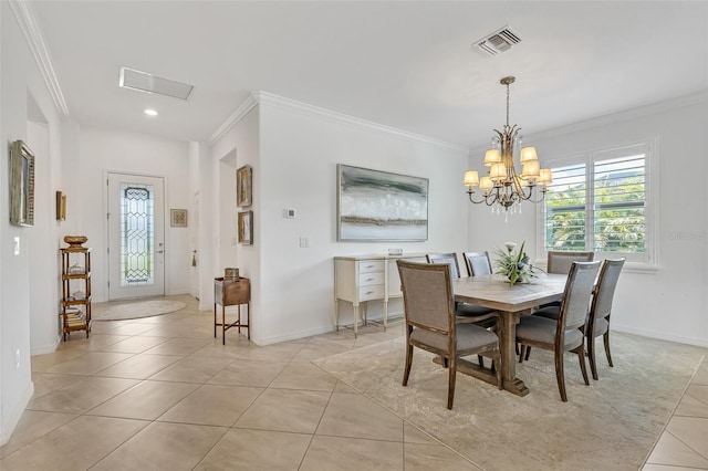 6507 Clairborne Ln, Bradenton, FL 34211 - dining area featuring ornamental molding, light tile patterned flooring, a chandelier, and recessed lighting