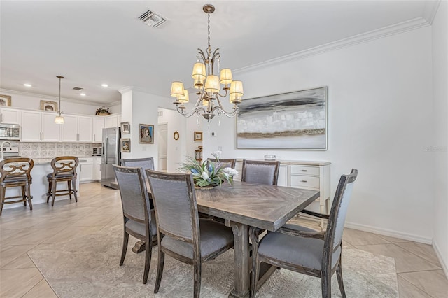 6507 Clairborne Ln, Bradenton, FL 34211 - dining area with light tile patterned flooring, crown molding, a chandelier, and recessed lighting
