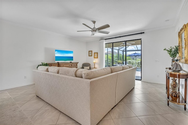 6507 Clairborne Ln, Bradenton, FL 34211 - living room with light tile patterned floors, crown molding, and a ceiling fan