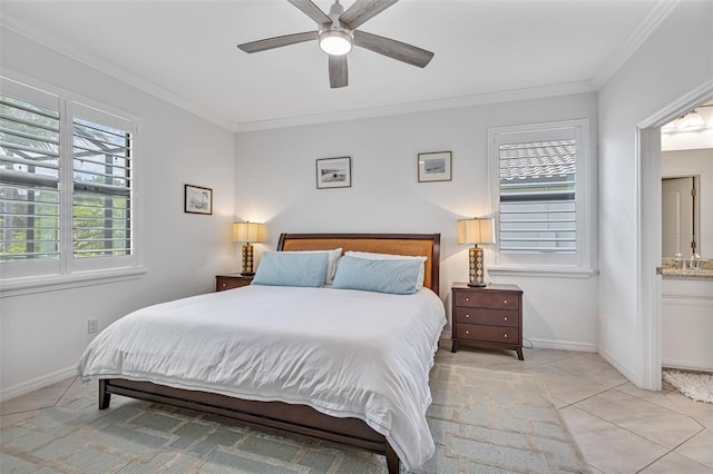 6507 Clairborne Ln, Bradenton, FL 34211 - bedroom featuring crown molding, light tile patterned floors, and ceiling fan