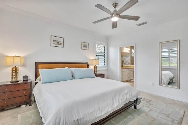 6507 Clairborne Ln, Bradenton, FL 34211 - bedroom with multiple windows, light tile patterned flooring, crown molding, ensuite bath, and ceiling fan