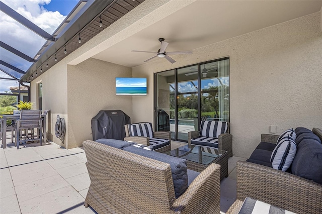6507 Clairborne Ln, Bradenton, FL 34211 - view of patio with an outdoor living space, ceiling fan, glass enclosure, and grilling area