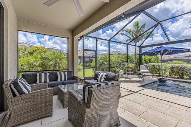 6507 Clairborne Ln, Bradenton, FL 34211 - view of patio featuring a ceiling fan, an outdoor living space, and a lanai
