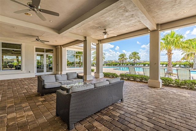 6507 Clairborne Ln, Bradenton, FL 34211 - view of patio / terrace with ceiling fan, french doors, outdoor lounge area, and a community pool