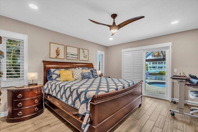 1461 Marlin St, Nokomis, FL 34275 - bedroom with access to outside, light wood-style floors, a ceiling fan, and recessed lighting