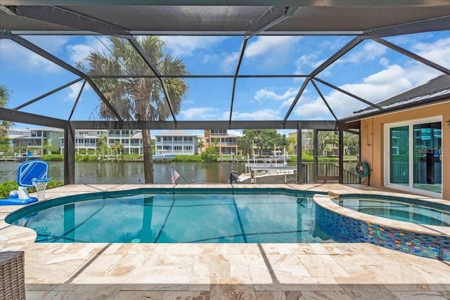 1461 Marlin St, Nokomis, FL 34275 - view of swimming pool with a water view, glass enclosure, a patio, and a pool with connected hot tub