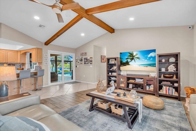 1461 Marlin St, Nokomis, FL 34275 - living area with light wood-style flooring, a ceiling fan, and recessed lighting