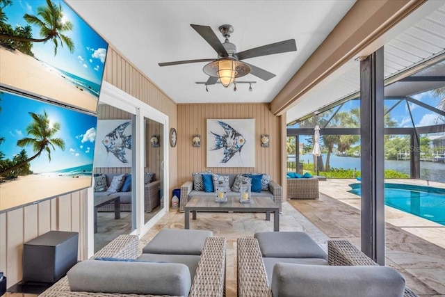 1461 Marlin St, Nokomis, FL 34275 - living area featuring a water view and a ceiling fan