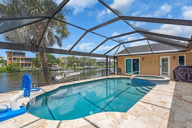 1461 Marlin St, Nokomis, FL 34275 - view of swimming pool with a patio, a water view, a pool with connected hot tub, glass enclosure, and a dock