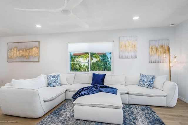 5600 Beach Way Dr Unit 315, Sarasota, FL 34242 - living room featuring wood finished floors, recessed lighting, and ceiling fan