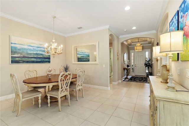 4540 Terrazza Ct, Bradenton, FL 34211 - dining room featuring arched walkways, light tile patterned flooring, ornamental molding, a chandelier, and recessed lighting