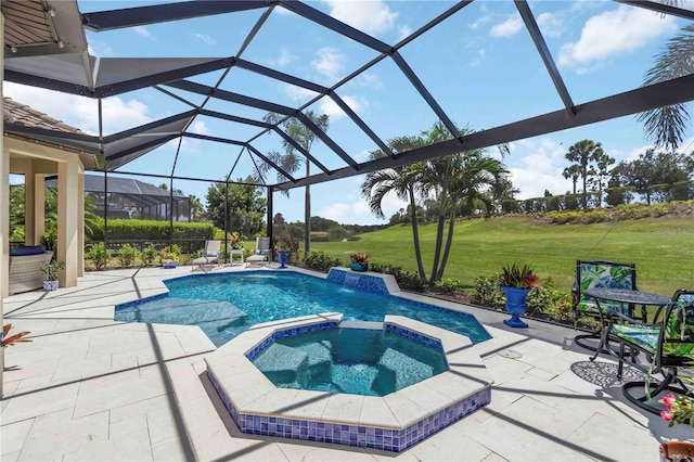 4540 Terrazza Ct, Bradenton, FL 34211 - view of swimming pool featuring a lawn, a patio, a pool with connected hot tub, and glass enclosure