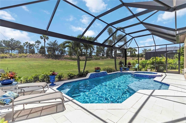 4540 Terrazza Ct, Bradenton, FL 34211 - view of swimming pool featuring a lawn, a patio, a pool with connected hot tub, and glass enclosure