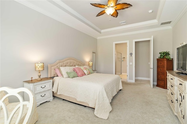4540 Terrazza Ct, Bradenton, FL 34211 - bedroom featuring crown molding, light carpet, a raised ceiling, and a ceiling fan