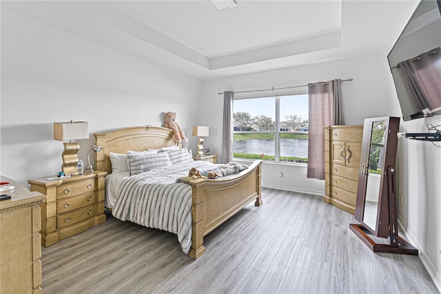 3671 Summerwind Cir, Bradenton, FL 34209 - bedroom with light wood-style floors, a tray ceiling, and baseboards
