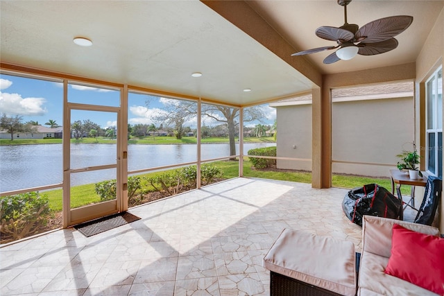 3671 Summerwind Cir, Bradenton, FL 34209 - sunroom / solarium with a water view and a ceiling fan