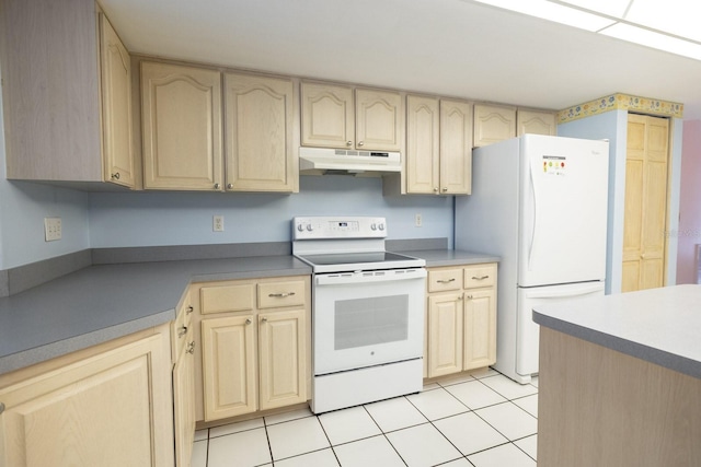 3804 65th St E, Bradenton, FL 34208 - kitchen featuring white appliances, under cabinet range hood, light brown cabinetry, light tile patterned floors, and light countertops
