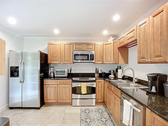 2220 Bahia Vista St Unit G4, Sarasota, FL 34239 - kitchen with appliances with stainless steel finishes, ornamental molding, dark stone counters, and recessed lighting