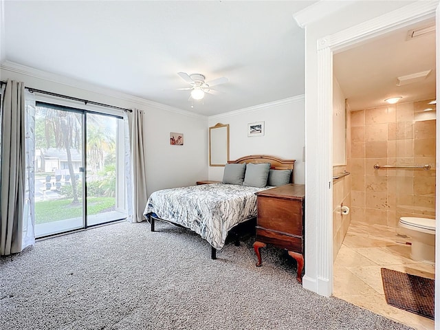 2220 Bahia Vista St Unit G4, Sarasota, FL 34239 - bedroom with access to outside, ornamental molding, light carpet, connected bathroom, and ceiling fan