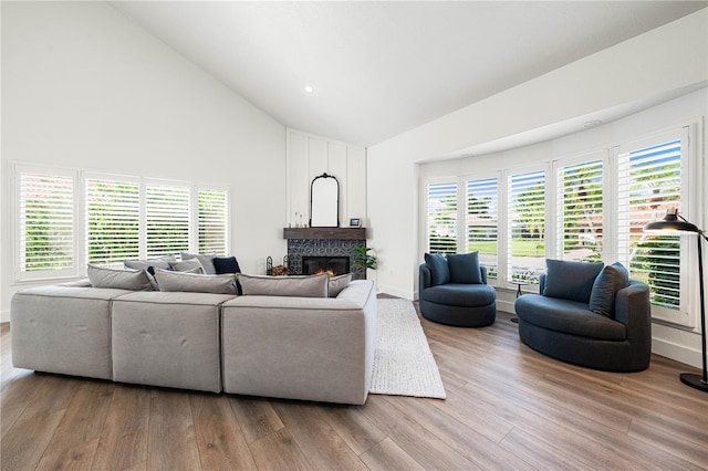 1484 Seafarer Dr, Osprey, FL 34229 - living area with high vaulted ceiling, wood finished floors, and a glass covered fireplace