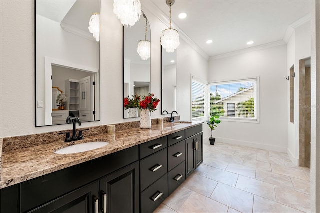 1484 Seafarer Dr, Osprey, FL 34229 - bathroom with crown molding, double vanity, and recessed lighting
