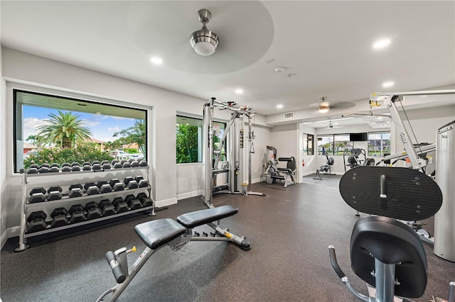 1484 Seafarer Dr, Osprey, FL 34229 - gym featuring a ceiling fan, recessed lighting, and healthy amount of natural light