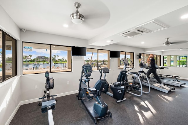 1484 Seafarer Dr, Osprey, FL 34229 - workout area with recessed lighting and ceiling fan