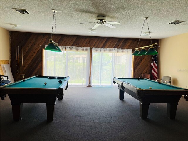2636 Hidden Lake Dr N Unit G, Sarasota, FL 34237 - recreation room featuring billiards table, a ceiling fan, carpet flooring, wood walls, and a textured ceiling
