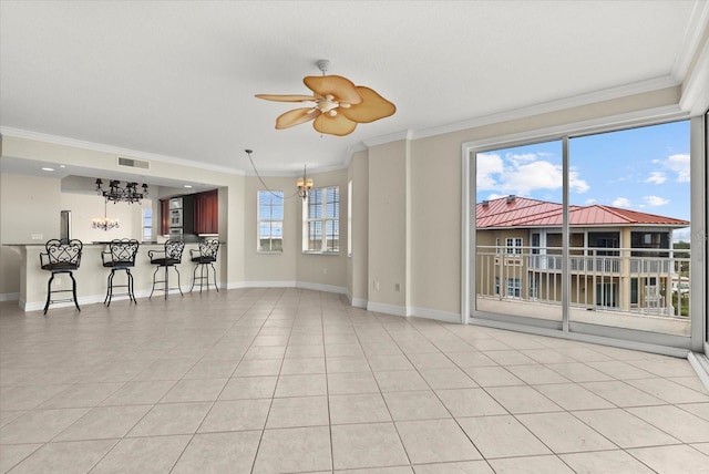 5100 Jessie Harbor Dr Unit 701, Osprey, FL 34229 - living area featuring a chandelier, crown molding, light tile patterned floors, and ceiling fan