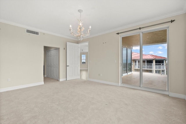 5100 Jessie Harbor Dr Unit 701, Osprey, FL 34229 - unfurnished bedroom with access to exterior, a chandelier, crown molding, and light colored carpet