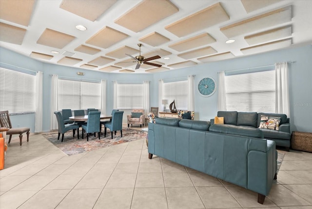 5100 Jessie Harbor Dr Unit 701, Osprey, FL 34229 - living area featuring coffered ceiling, a ceiling fan, light tile patterned floors, and healthy amount of natural light