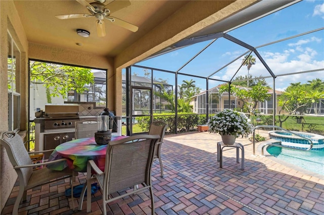 315 36th St NE, Bradenton, FL 34208 - view of patio / terrace featuring a ceiling fan, a pool with connected hot tub, a grill, glass enclosure, and outdoor dining area
