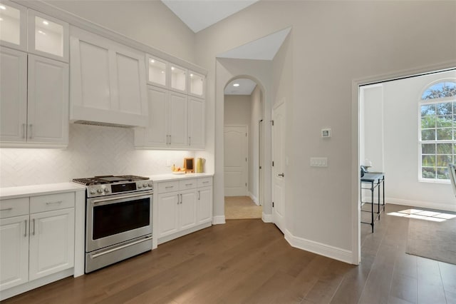 8102 Waterview Blvd, Lakewood Ranch, FL 34202 - kitchen with stainless steel range with gas stovetop, dark wood-style floors, tasteful backsplash, white cabinets, and recessed lighting