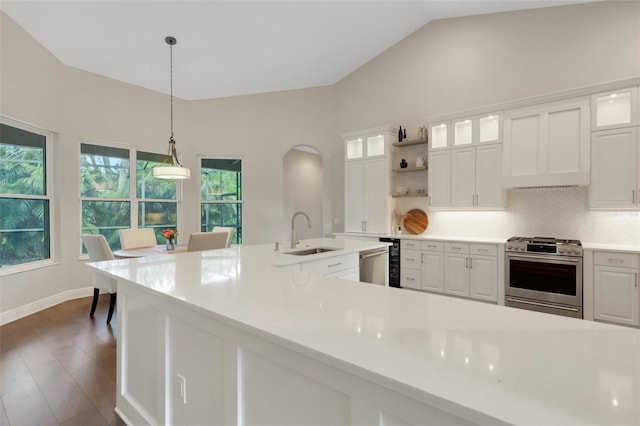 8102 Waterview Blvd, Lakewood Ranch, FL 34202 - kitchen with appliances with stainless steel finishes, tasteful backsplash, light countertops, lofted ceiling, and open shelves