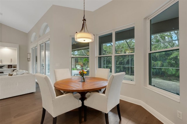 8102 Waterview Blvd, Lakewood Ranch, FL 34202 - dining room featuring dark wood-style flooring and lofted ceiling