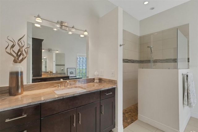8102 Waterview Blvd, Lakewood Ranch, FL 34202 - bathroom with a walk in shower, vanity, and tile patterned floors