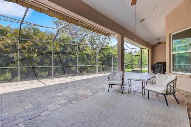 8102 Waterview Blvd, Lakewood Ranch, FL 34202 - view of patio / terrace with ceiling fan, a lanai, and a grill