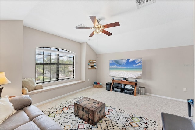 9123 Raes Creek Pl, Palmetto, FL 34221 - carpeted living room with vaulted ceiling and ceiling fan