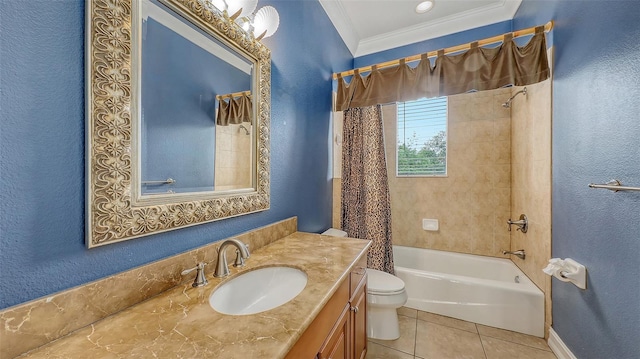 1512 3rd Street Cir E, Palmetto, FL 34221 - full bathroom featuring tile patterned flooring, crown molding, vanity, shower / bathtub combination with curtain, and a textured wall