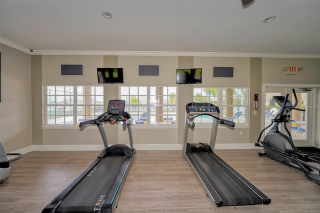 1512 3rd Street Cir E, Palmetto, FL 34221 - workout room with crown molding, light wood-type flooring, and recessed lighting
