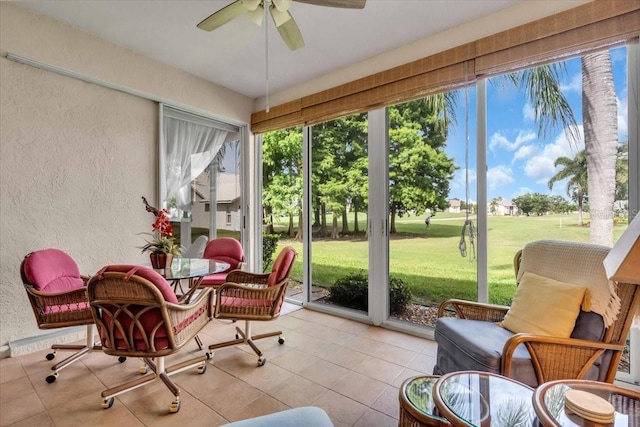 6908 Stoneywalk Ct, Bradenton, FL 34203 - sunroom / solarium featuring ceiling fan, golf course view, and outdoor dining space