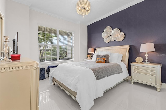 17204 Bullhorn Cir, Punta Gorda, FL 33982 - tiled bedroom featuring ornamental molding and a chandelier