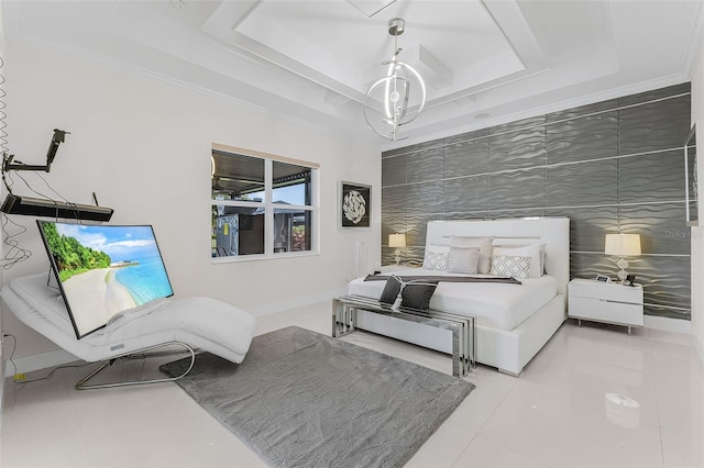 17204 Bullhorn Cir, Punta Gorda, FL 33982 - tiled bedroom featuring a tray ceiling, crown molding, and tile walls