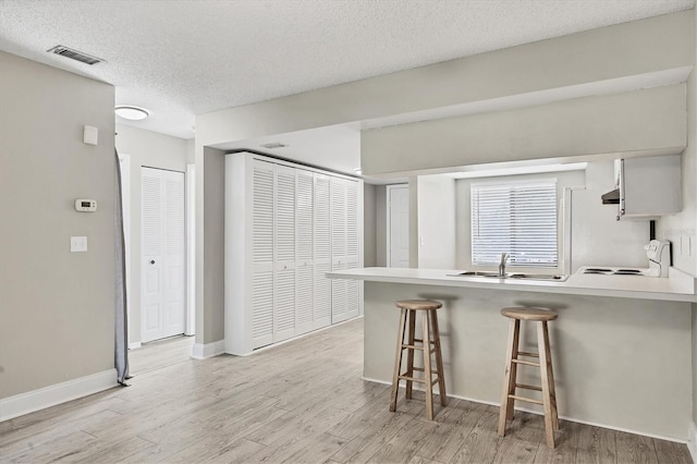 7866 Eagle Creek Dr Unit 7866, Sarasota, FL 34243 - kitchen featuring a peninsula, light wood-type flooring, a breakfast bar area, and a textured ceiling