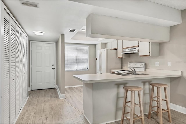 7866 Eagle Creek Dr Unit 7866, Sarasota, FL 34243 - kitchen with under cabinet range hood, a peninsula, white appliances, and light wood finished floors