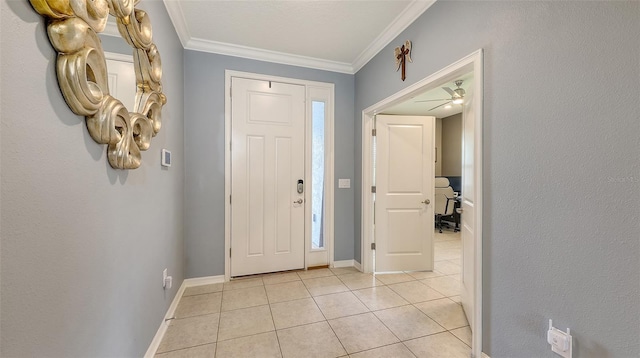 5910 Hevena Ct, Palmetto, FL 34221 - foyer entrance with ornamental molding, light tile patterned floors, and ceiling fan