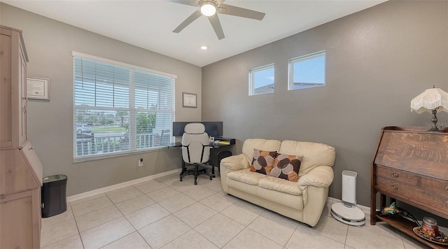 5910 Hevena Ct, Palmetto, FL 34221 - living area featuring a ceiling fan, light tile patterned flooring, an office area, and recessed lighting