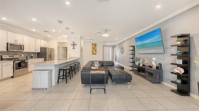 5910 Hevena Ct, Palmetto, FL 34221 - living area featuring crown molding, light tile patterned flooring, and recessed lighting