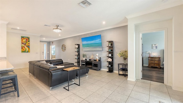 5910 Hevena Ct, Palmetto, FL 34221 - living room with light tile patterned floors, crown molding, and recessed lighting